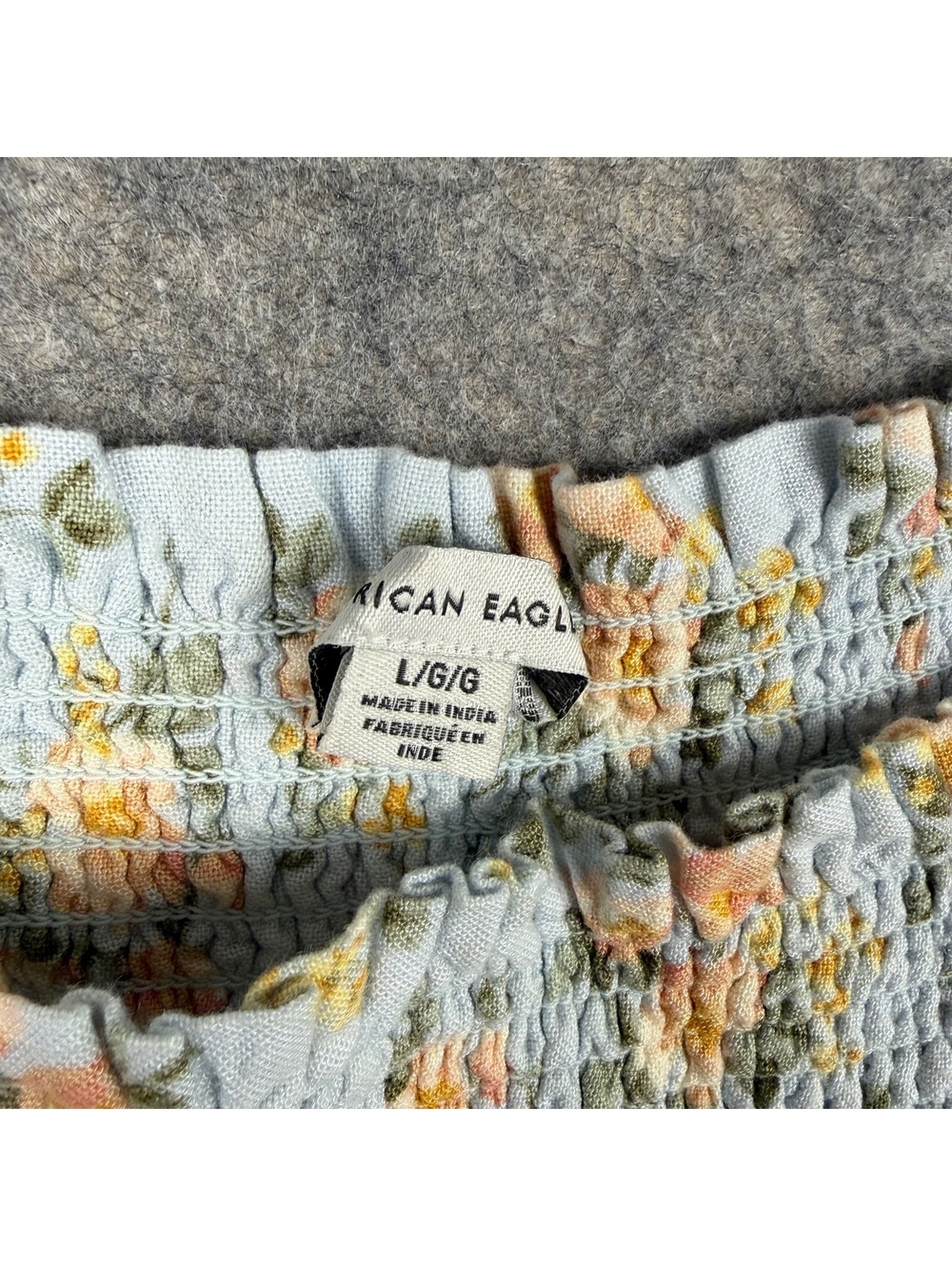 American Eagle Tiered Mini Dress Bodice Puff Sleeves Blue Peach Floral Large 705 - Picture 6 of 6